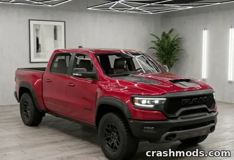 Red Dodge Ram TRX showcased in a modern showroom, highlighting its rugged design and powerful stance.