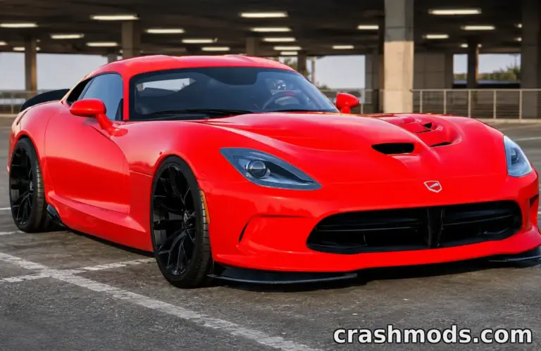 Sleek red Dodge Viper Performance Edition parked in an industrial setting, showcasing its aggressive design and sporty stance.