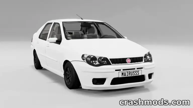 Fiat Albea mod for BeamNG.drive showcasing a sleek white car with custom wheels and a personalized license plate.