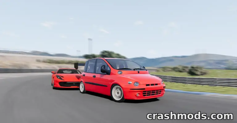 The Fiat Multipla races alongside a sleek sports car on a winding track in BeamNG.drive.