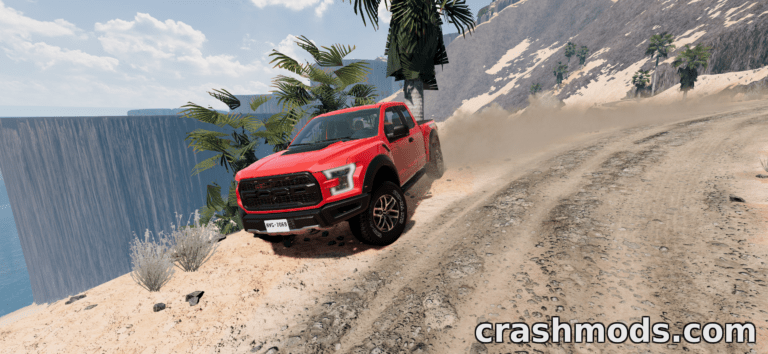 The red Ford F-150 Raptor 2021 navigates a rugged dirt road, kicking up dust near a cliffside.