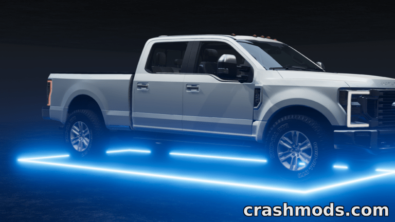 Ford F-250–F-450 mod for BeamNG.drive showcases a sleek white truck illuminated by a glowing blue outline.