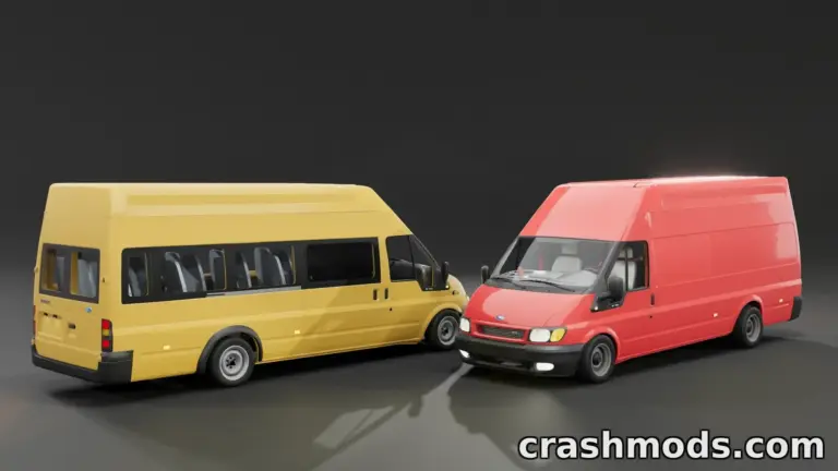 Two reworked Ford Transit Vans from 2003-2005, one yellow and one red, showcased in a dynamic pose.