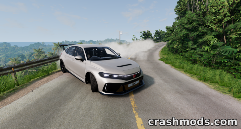 A Honda Civic Type R drifts on a winding road, showcasing its high detail in BeamNG.drive's lush environment.