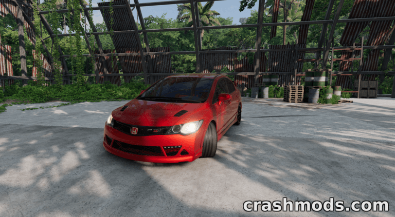 Red Honda Civic VIII parked in a lush, overgrown garage setting, showcasing its sleek design and modded features.