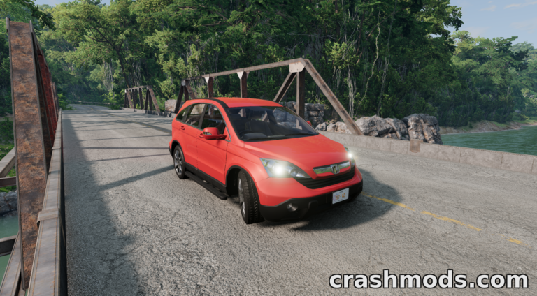 A vibrant red Honda CR-V drives across a scenic bridge in BeamNG.drive, showcasing realistic modding details.