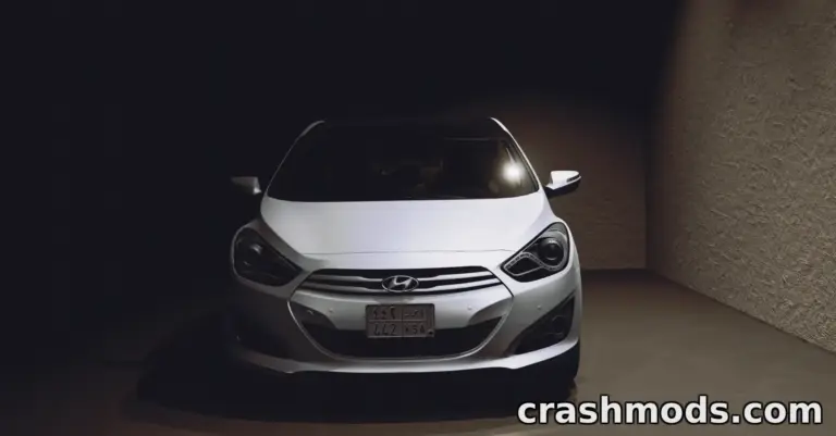 The Hyundai i40 mod for BeamNG.drive showcases a sleek, modern car illuminated in a dark setting.