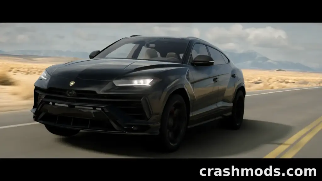 A sleek black Lamborghini Urus speeds down a desert highway in BeamNG.drive, showcasing its dynamic design and performance.