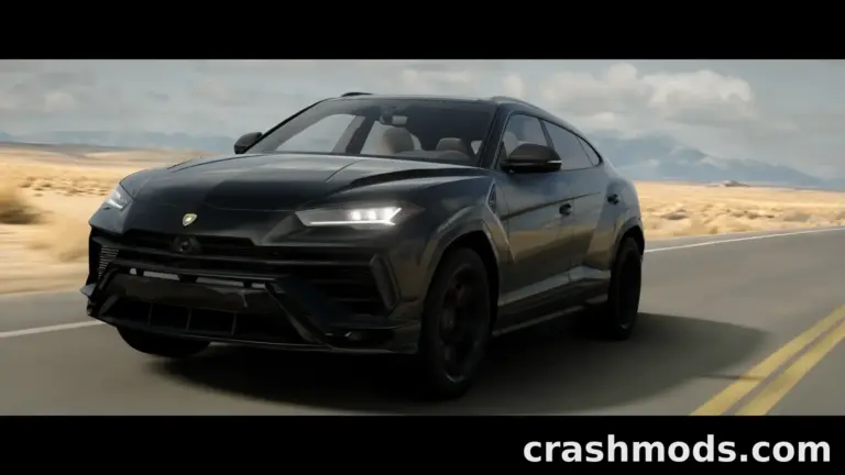 A sleek black Lamborghini Urus speeds down a desert highway in BeamNG.drive, showcasing its dynamic design and performance.