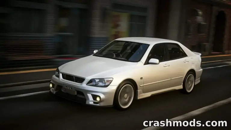 White Lexus IS300 speeding down a city street in BeamNG.drive, showcasing detailed modding enhancements.
