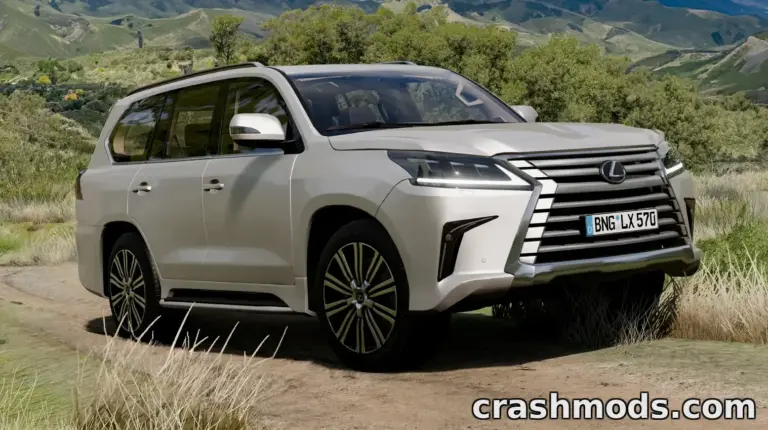 Lexus LX 570 mod for BeamNG.drive showcased on a scenic dirt road surrounded by greenery.