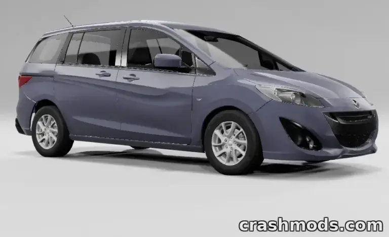 Mazda 5 mod for BeamNG.drive showcases a detailed, realistic minivan model in a sleek design.