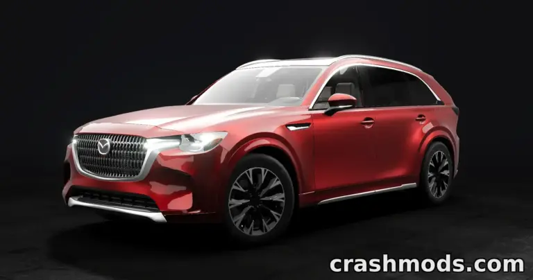 Sleek red Mazda CX-90 showcased in a dynamic angle, highlighting its modern design and polished finish in BeamNG.drive.
