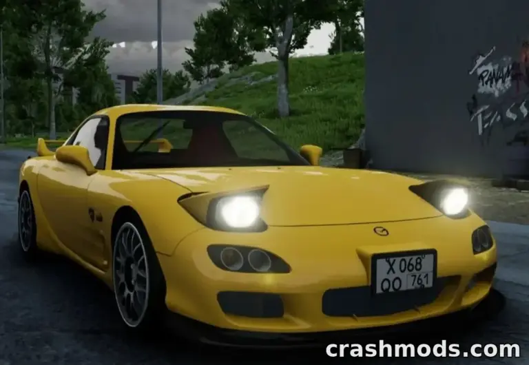 Yellow Mazda RX-7 mod showcased in BeamNG.drive, parked on a scenic street with headlights on.