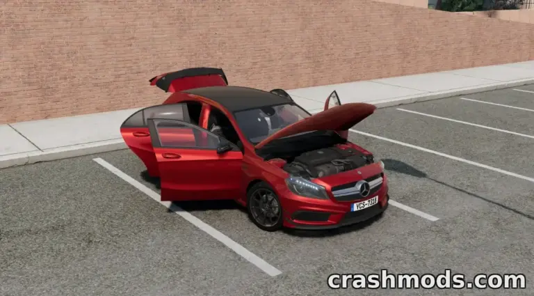 Mercedes A45 AMG mod for BeamNG.drive, showcasing the car with open doors and hood in a parking lot.