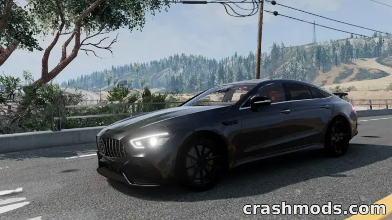 The Mercedes AMG GT 63 S 4-Door Coupe showcases sleek design and performance on a scenic road in BeamNG.drive.