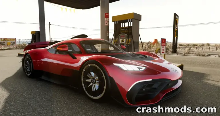 The Mercedes-AMG ONE 2021 is showcased at a gas station in BeamNG.drive, highlighting its sleek design and vibrant colors.
