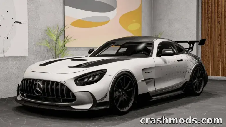 Sleek Mercedes-Benz AMG-GT (R190) mod showcased in a modern interior setting, highlighting its aerodynamic design.