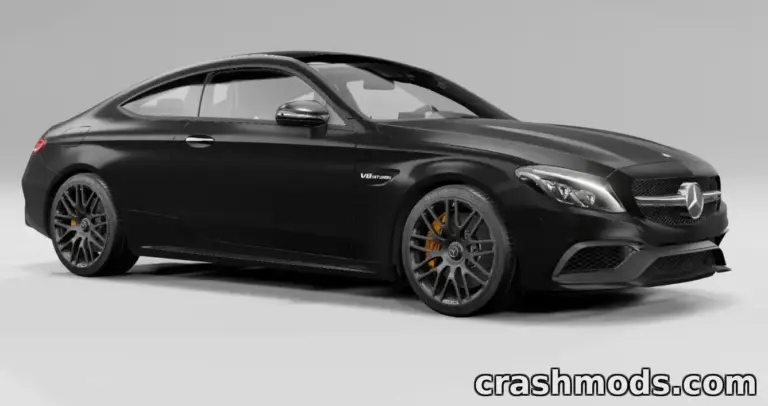 Sleek black Mercedes Benz C63S Coupé showcased in a dynamic angle, highlighting its sporty design and details.