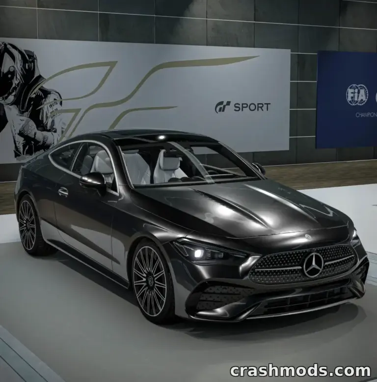 Sleek Mercedes-Benz CLE AMG showcased in a modern showroom setting, highlighting its sporty design and luxury features.