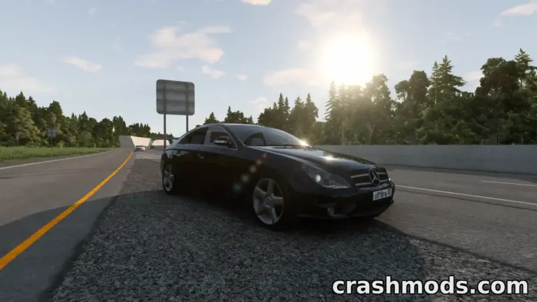 A sleek black Mercedes Benz CLS W219 parked on a scenic highway in BeamNG.drive, showcasing its detailed design.