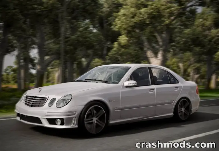 Mercedes-Benz E-Class W211 mod for BeamNG.drive, showcasing a sleek white sedan on a scenic forest road.