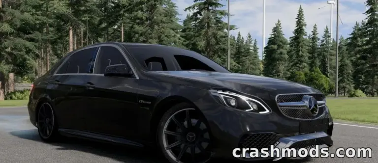 Black Mercedes-Benz E63S W212 AMG parked in a scenic forest environment in BeamNG.drive mod.