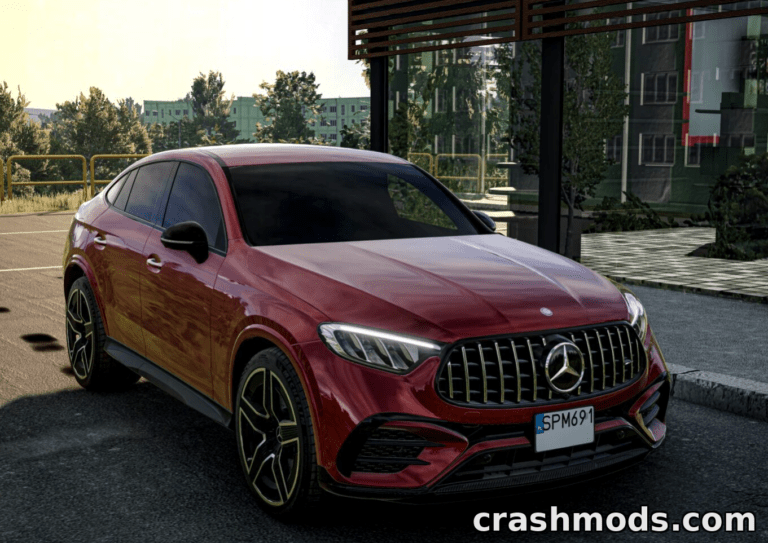 Red Mercedes Benz GLC 63 Coupe 2024 parked in a modern urban setting, showcasing sleek design and detailed features.