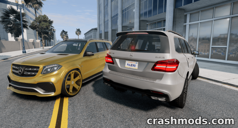 Two Mercedes-Benz SUVs, one gold and one silver, parked on a city street in BeamNG.drive mod.