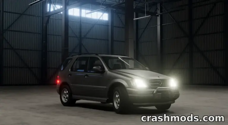 Mercedes-Benz ML-Class W163 mod showcased in a dimly lit garage, highlighting its detailed design and headlights.