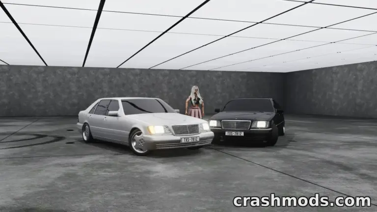Two Mercedes-Benz S-Class W140 cars, one silver and one black, showcased in a minimalist garage setting with a character.