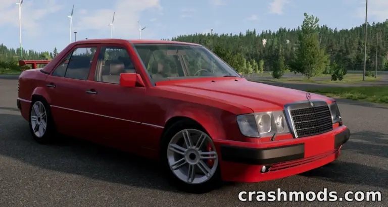 A sleek red Mercedes-Benz W124 parked in a scenic outdoor setting, showcasing its detailed design and sporty features.