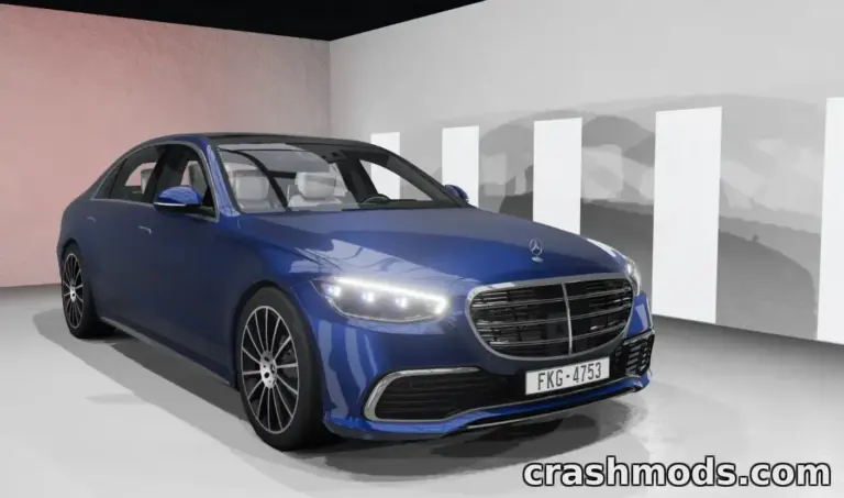 The Mercedes Benz W223 mod showcases a sleek blue sedan with detailed lighting and a modern interior in BeamNG.drive.