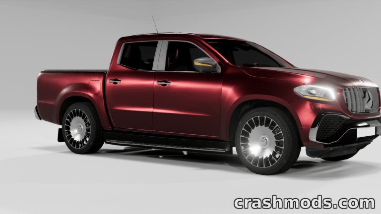 Mercedes-Benz X-Class mod for BeamNG.drive showcasing a sleek, red pickup truck with detailed rims and design.