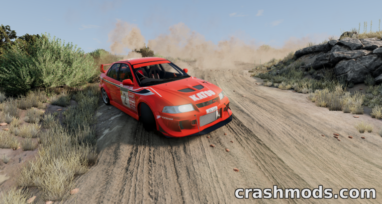 Mitsubishi Lancer Evo 5/6 drifts on a dirt track, kicking up dust in BeamNG.drive.