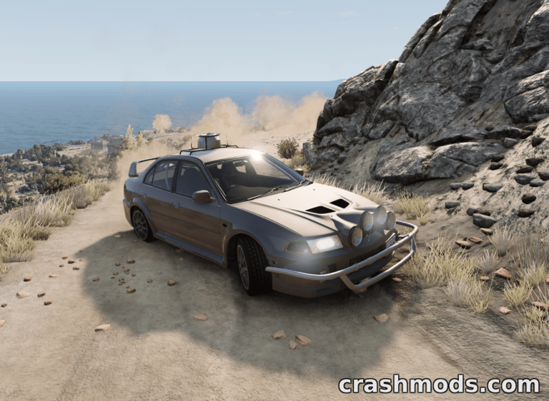 Mitsubishi Lancer Evolution 5-6 parked on a rocky path overlooking the ocean, showcasing its rugged design.