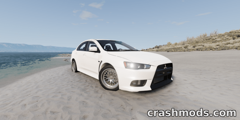White Mitsubishi Lancer Evolution X parked on a sandy beach with a scenic backdrop in BeamNG.drive mod.