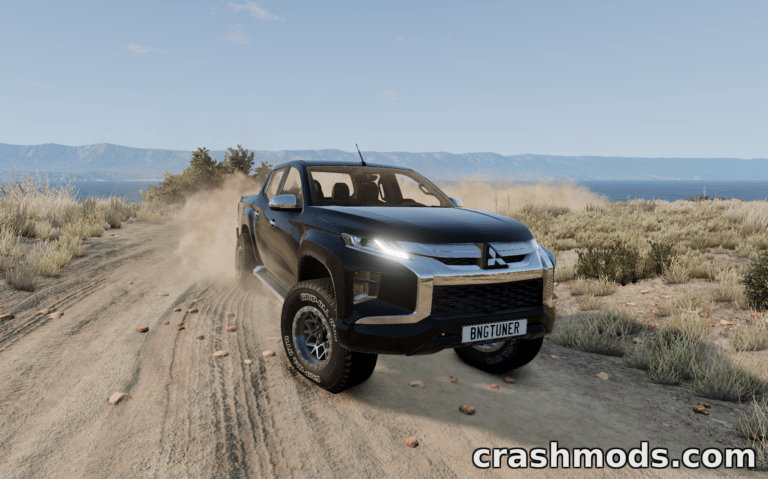 Mitsubishi Triton off-roading on a dirt path, kicking up dust against a scenic backdrop in BeamNG.drive.