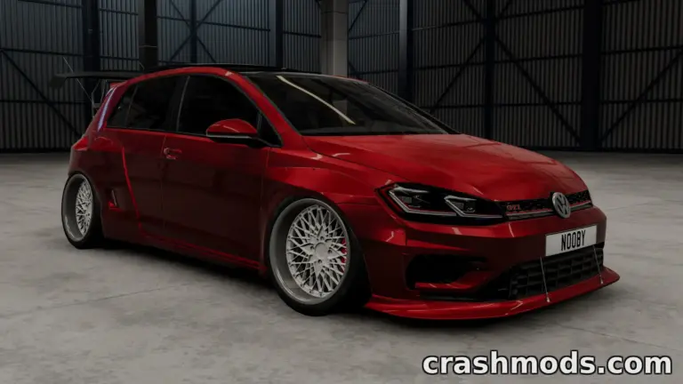 A modified Volkswagen Golf MK7 GTI showcases a sleek widebody design with custom wheels in a garage setting.