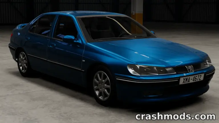 Blue Peugeot 406 showcased in a garage setting, highlighting its sleek design and detailed features.