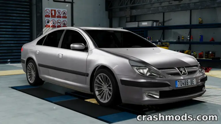 Peugeot 607 mod showcased in BeamNG.drive, featuring a sleek silver design in a garage environment.