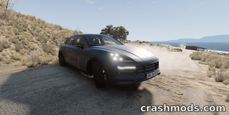 Porsche Cayenne Coupé drifts on a dirt road, showcasing its sleek design and powerful performance in BeamNG.drive.