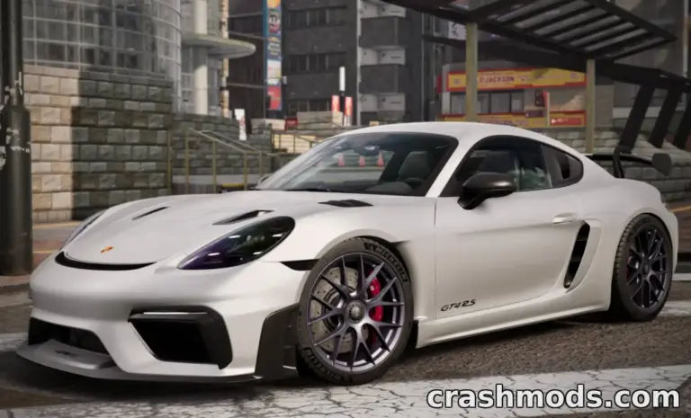 Porsche Cayman mod for BeamNG.drive showcases a sleek, modified sports car in an urban setting.