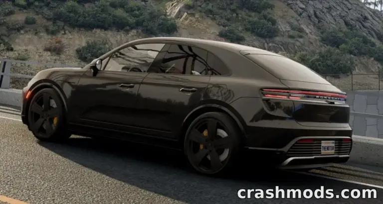 Porsche Macan EV 2023 mod showcased in BeamNG.drive, featuring sleek design and dynamic road performance.
