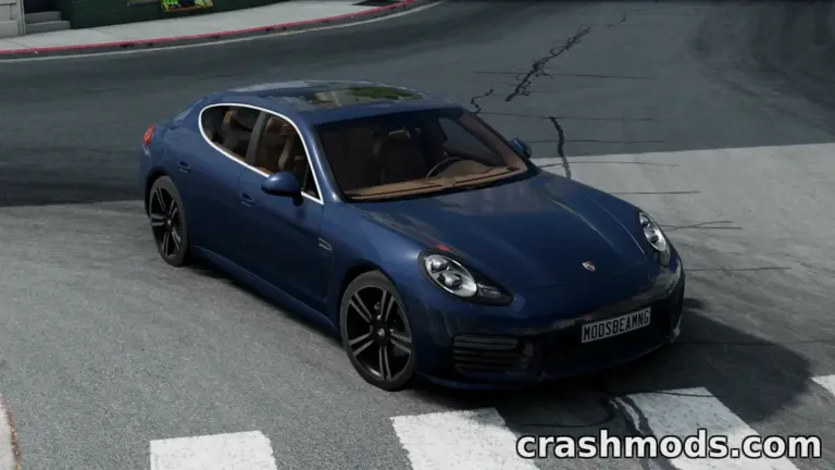 Porsche Panamera (2009-2016) mod showcases a sleek blue sports car drifting on a winding road in BeamNG.drive.