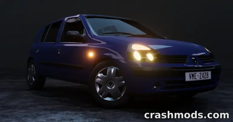 Renault Clio MK2 showcased in a sleek, dark environment, highlighting its detailed design and illuminated headlights.