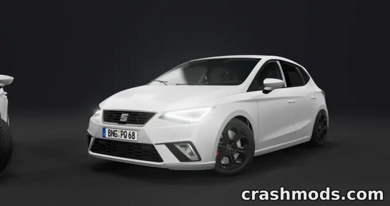 White Seat Ibiza 6F showcased in a sleek 3D render for BeamNG.drive modding, highlighting its sporty design.
