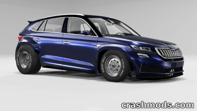 Skoda Kodiaq GT mod for BeamNG.drive showcases a sleek, modified SUV with racing wheels and a vibrant blue finish.