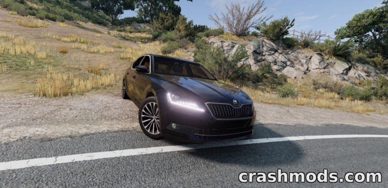 Skoda Superb B8 2019 parked on a scenic roadside in BeamNG.drive, showcasing its sleek design and surroundings.