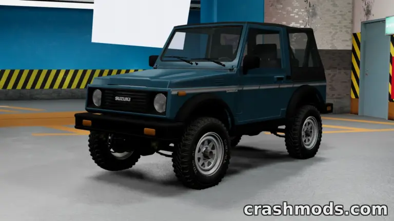 Suzuki Samurai off-road vehicle showcased in a garage setting for BeamNG.drive modding.